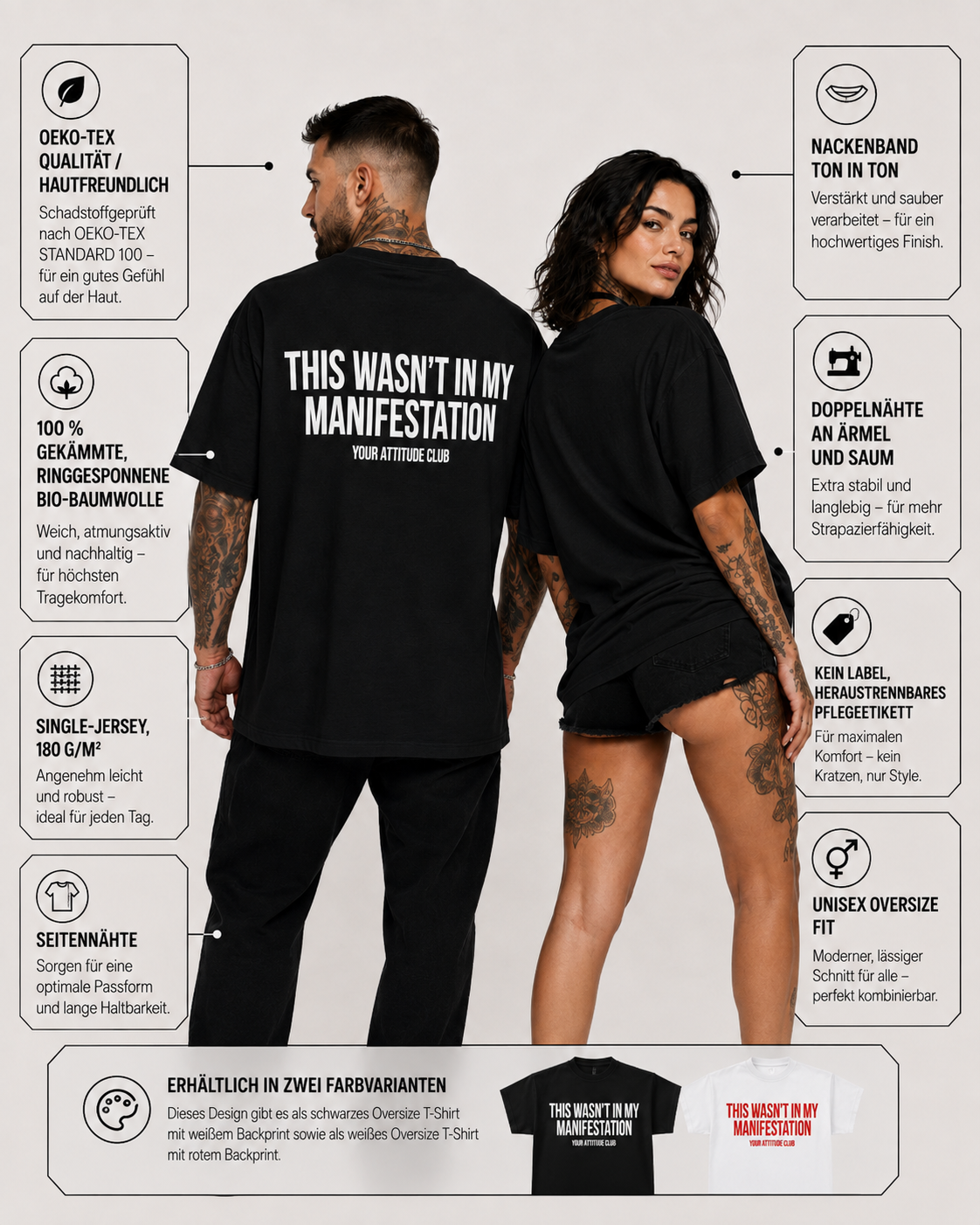 THIS WASN’T IN MY MANIFESTATION – Schwarzes Oversize Unisex Shirt, lustiger Spruch, Sarkasmus Shirt, Statement Shirt, Backprint, Geschenk, Streetwear