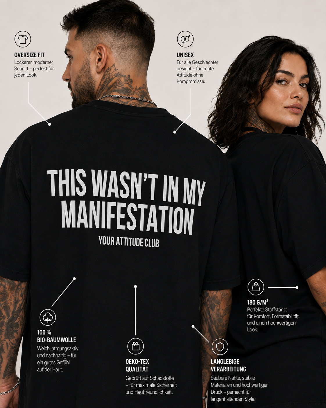 THIS WASN’T IN MY MANIFESTATION – Schwarzes Oversize Unisex Shirt, lustiger Spruch, Sarkasmus Shirt, Statement Shirt, Backprint, Geschenk, Streetwear