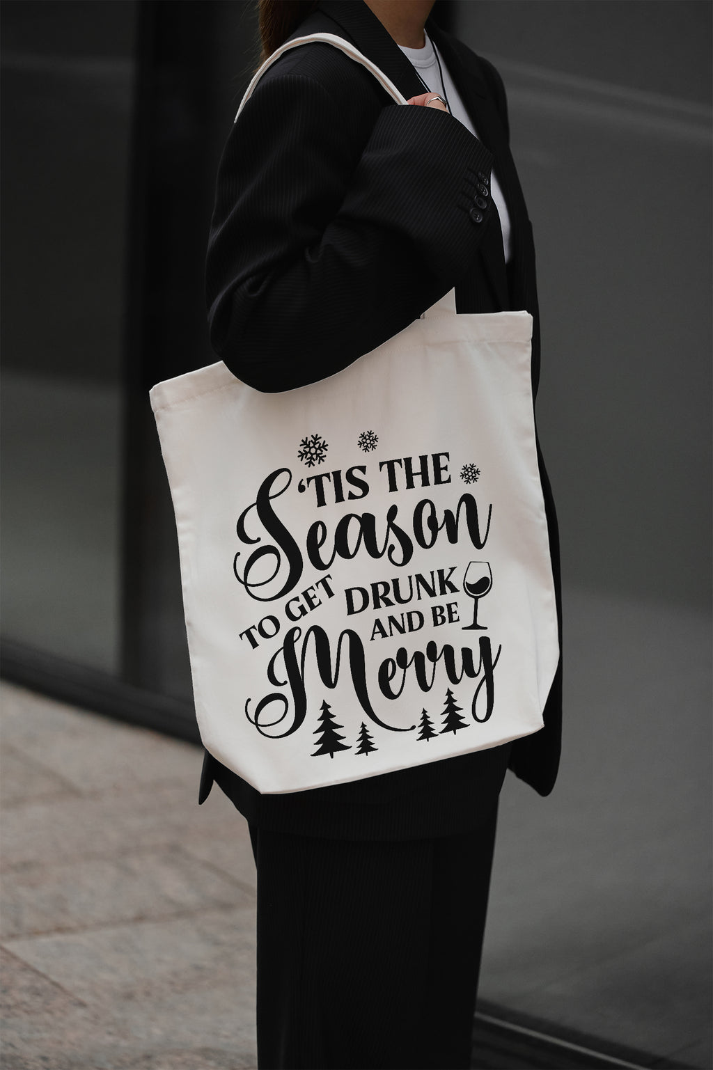 Tis the season to get drunk and be merry Baumwollbeutel 38x42 cm mit langen Henkeln, Stofftasche bedruckt, Einkaufstasche Weihnachten, Geschenkidee, DTF Bügelbild