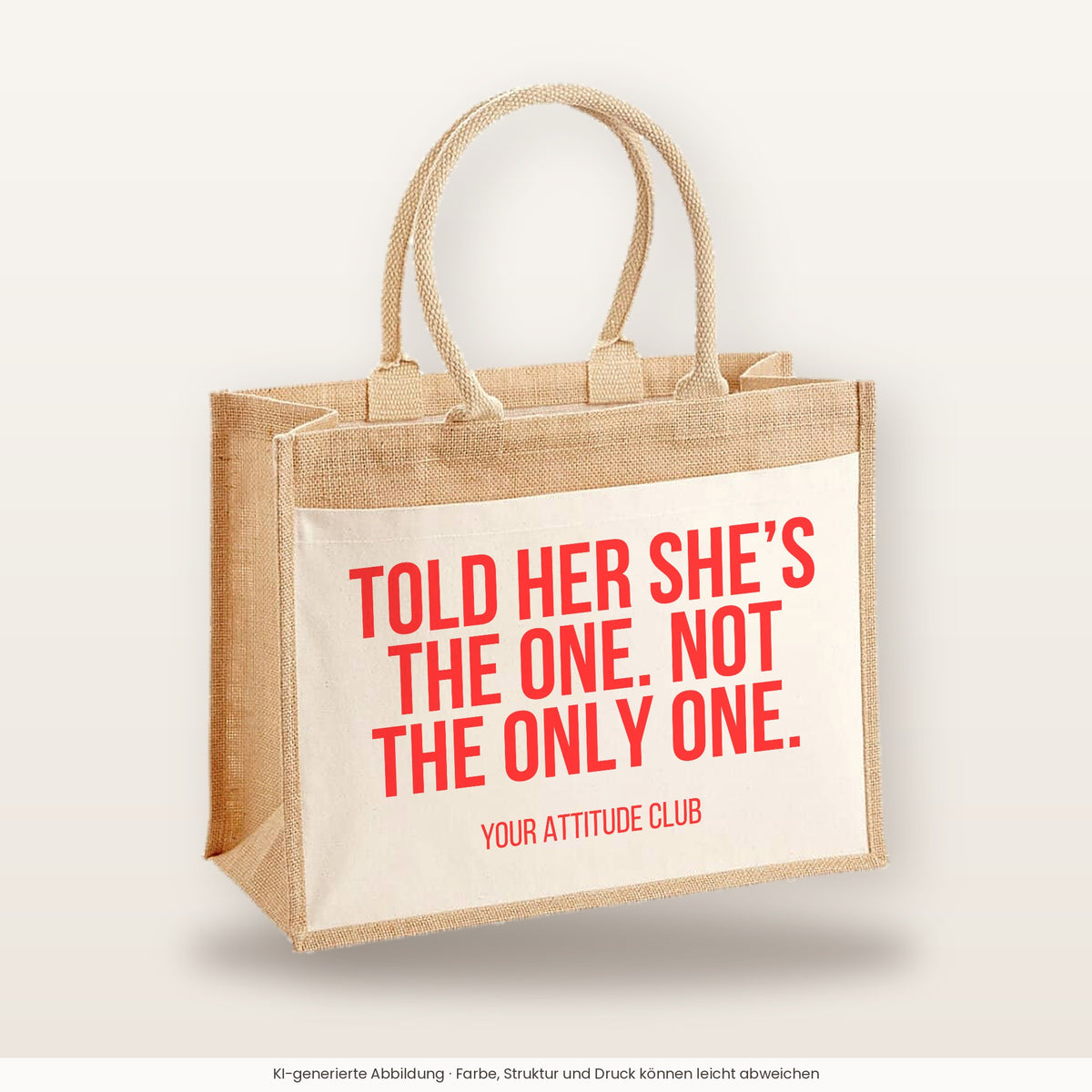 Told her she’s the one. Not the only one. – Jutetasche mit Spruch, große Jutetasche, Produktansicht
