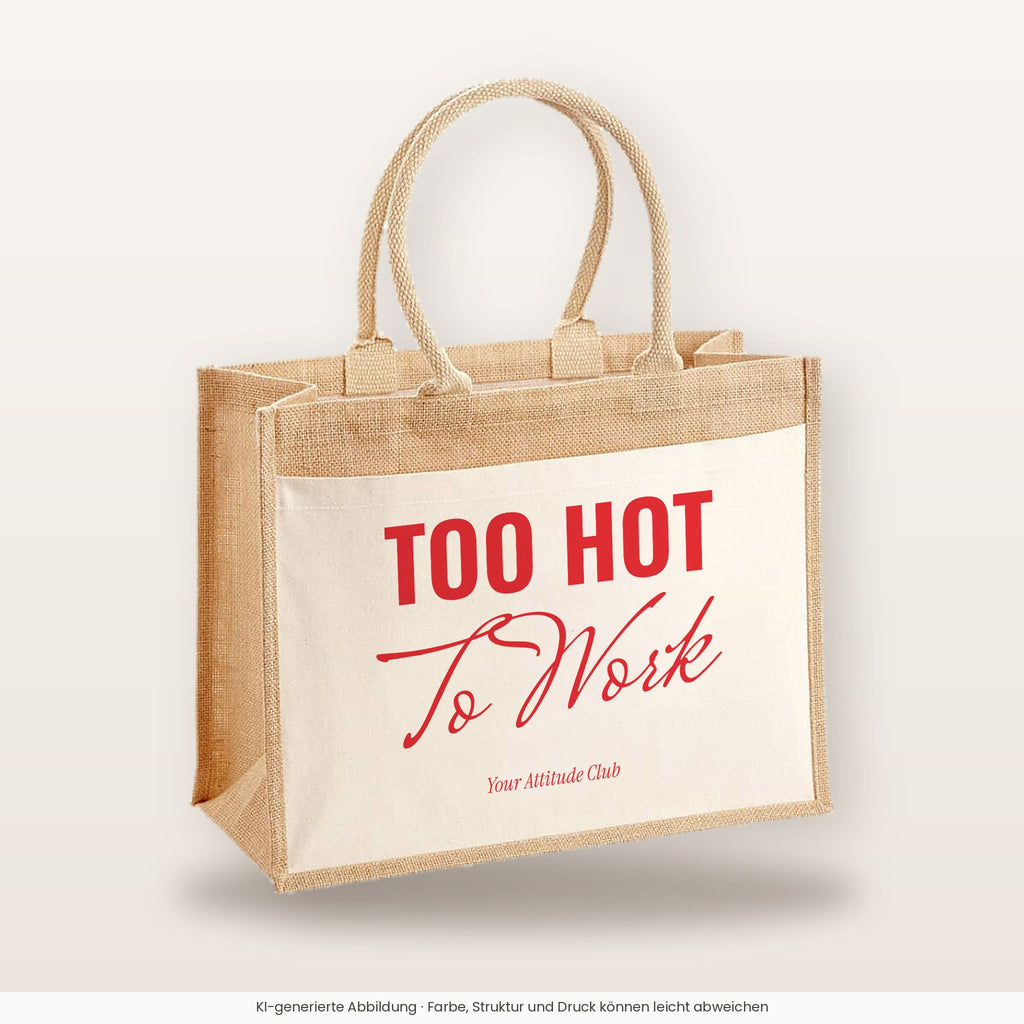 Too Hot To Work – Jutetasche mit Spruch, große Jutetasche, Produktansicht