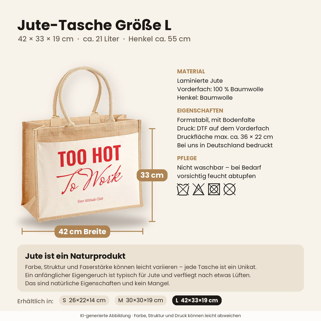 Too Hot To Work – Jutetasche mit Spruch, Maße, Material und Pflege