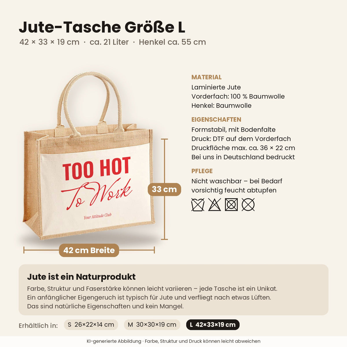 Too Hot To Work – Jutetasche mit Spruch, Maße, Material und Pflege