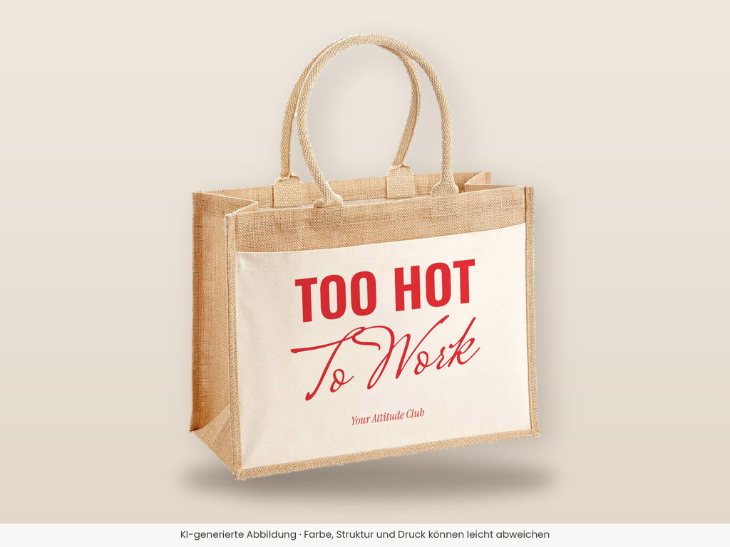 Too Hot To Work – Jutetasche mit Spruch, große Jutetasche, Detailansicht