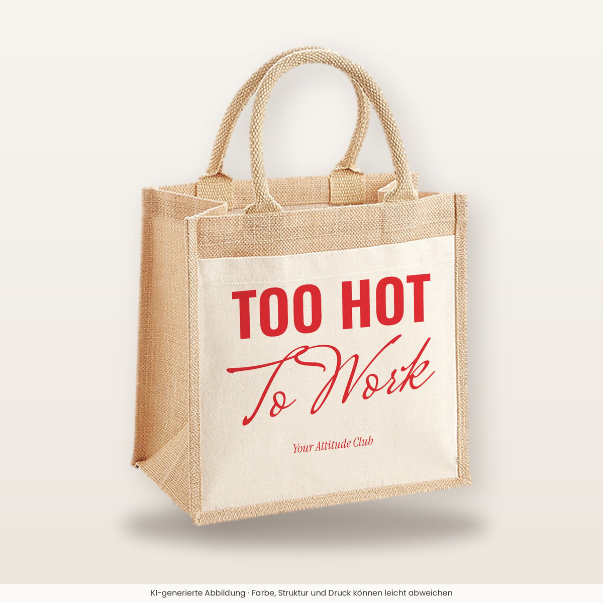 Too Hot To Work – Jutetasche mit Spruch, mittlere Jutetasche 30 × 30 cm