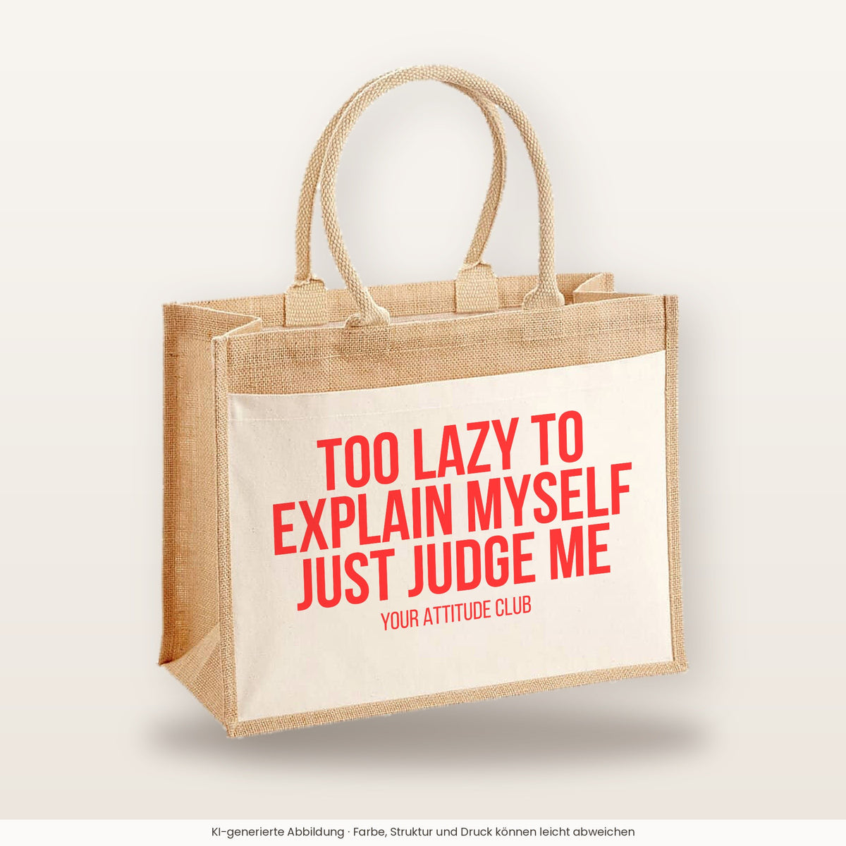 Too lazy to explain myself just judge me – Jutetasche mit Spruch, große Jutetasche, Produktansicht
