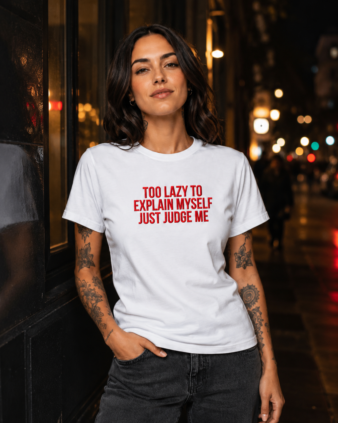 TOO LAZY TO EXPLAIN MYSELF JUST JUDGE ME – besticktes Damen Shirt, freches Statement T-Shirt, Bio-Baumwolle, Geschenk für Freundin, Weiß oder Schwarz