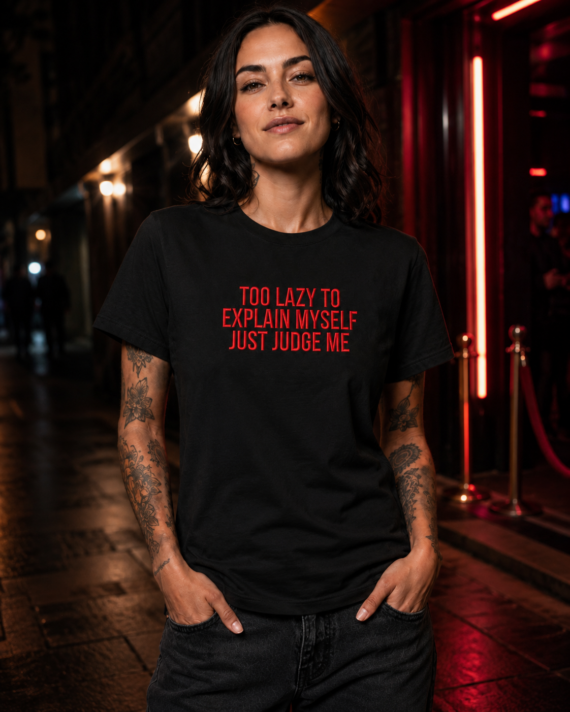 TOO LAZY TO EXPLAIN MYSELF JUST JUDGE ME – besticktes Damen Shirt, freches Statement T-Shirt, Bio-Baumwolle, Geschenk für Freundin, Weiß oder Schwarz