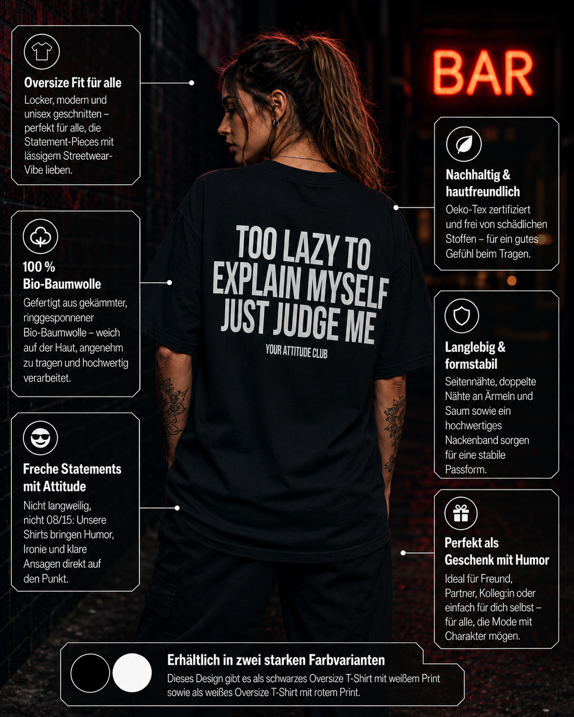 TOO LAZY TO EXPLAIN MYSELF JUST JUDGE ME | Oversize Shirt Unisex mit Backprint, Statement Shirt aus Bio-Baumwolle