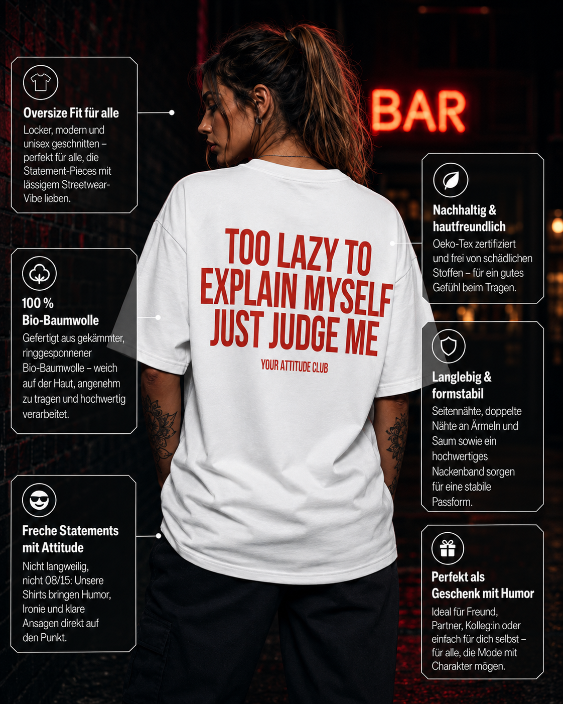TOO LAZY TO EXPLAIN MYSELF JUST JUDGE ME | Oversize Shirt Unisex mit Backprint, Statement Shirt aus Bio-Baumwolle