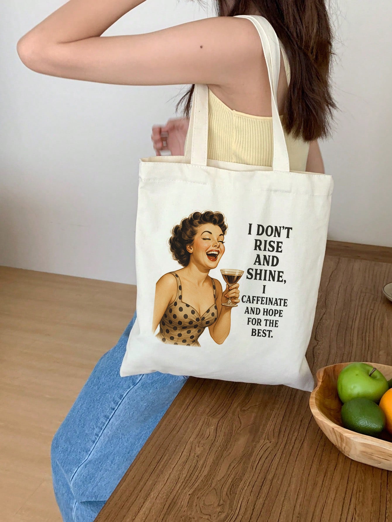 i dont rise and shine i caffeinate and hope for the best Baumwollbeutel Stofftasche 38x42 cm 11 Farben nachhaltig lustige Tragetasche Shopper Geschenkidee Retro Vintage Humor