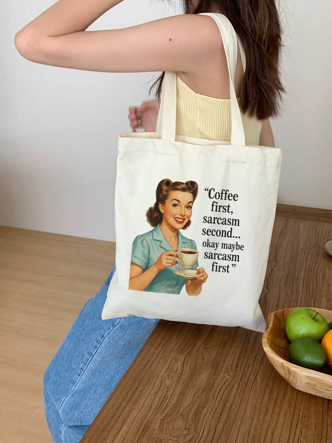 coffee first sarcasm second Baumwollbeutel Stofftasche 38x42 cm witzig retro vintage nachhaltig lustig Geschenkidee Spruch Shopper 11 Farben