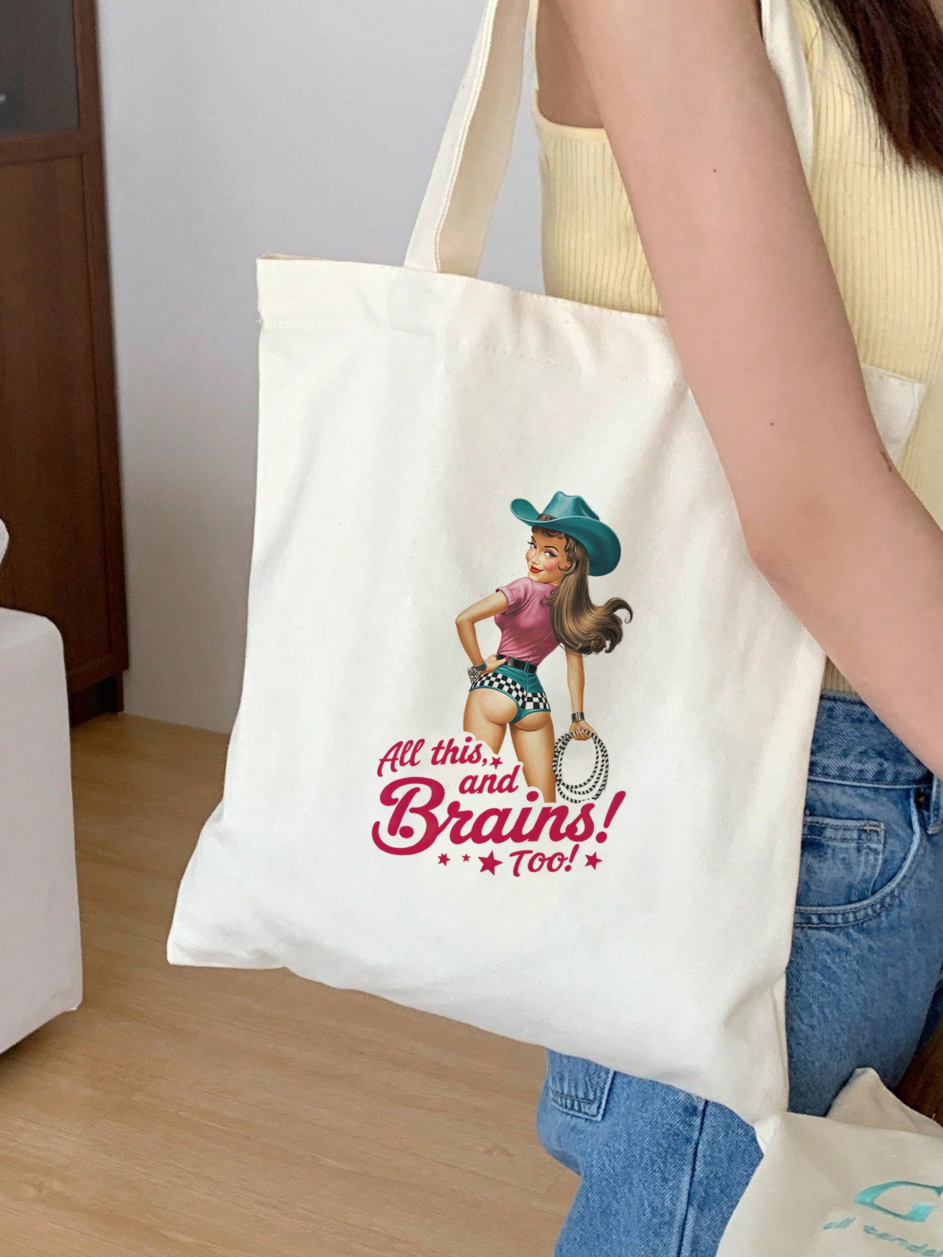 all this and brains Baumwollbeutel Stofftasche lustig retro vintage nachhaltig bedruckt Festival Shopper Geschenkidee Damen Herren 38x42 cm 11 Farben
