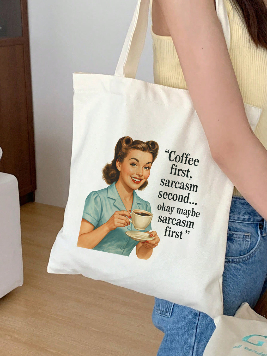 coffee first sarcasm second Baumwollbeutel Stofftasche 38x42 cm witzig retro vintage nachhaltig lustig Geschenkidee Spruch Shopper 11 Farben