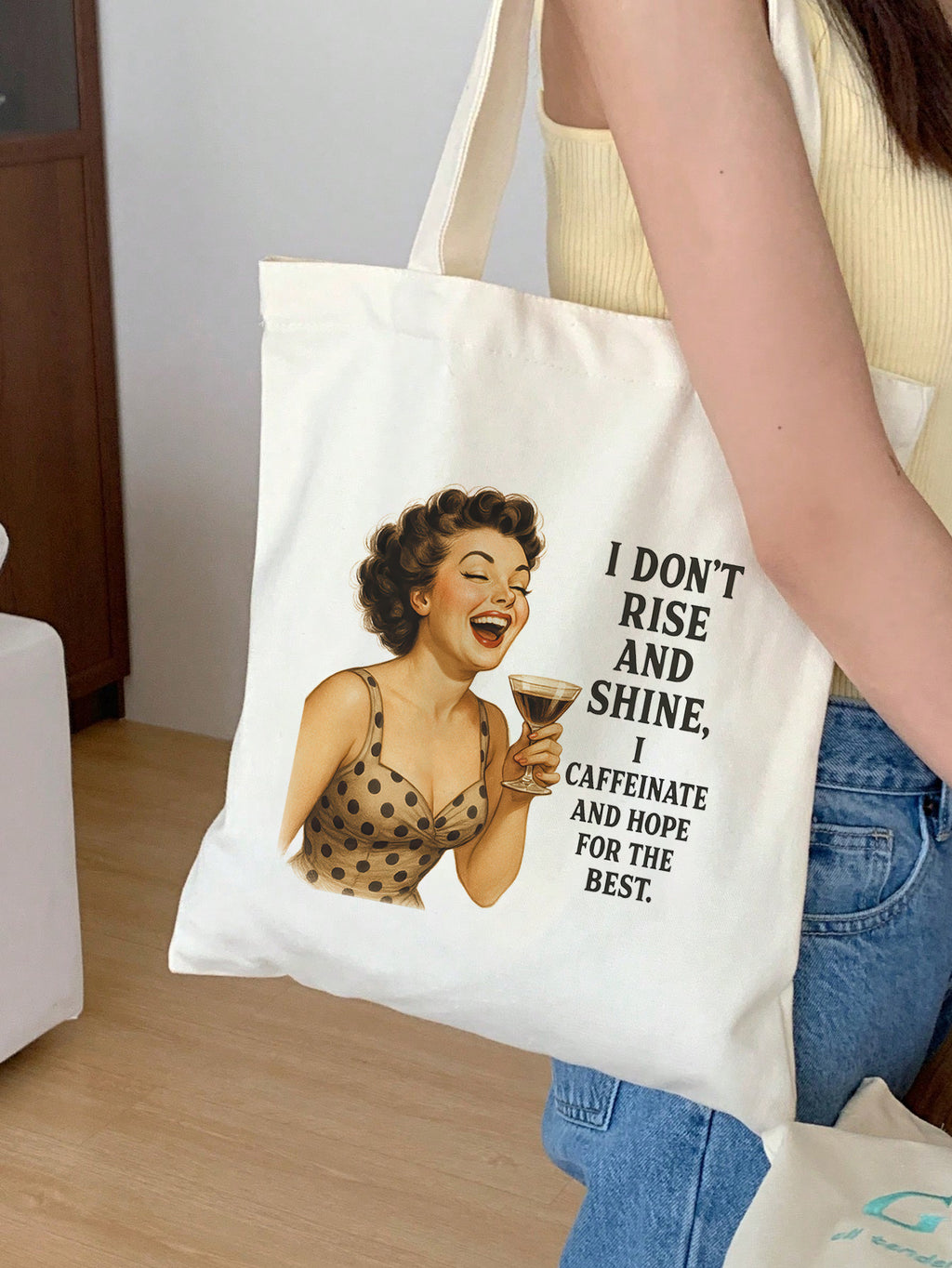 i dont rise and shine i caffeinate and hope for the best Baumwollbeutel Stofftasche 38x42 cm 11 Farben nachhaltig lustige Tragetasche Shopper Geschenkidee Retro Vintage Humor