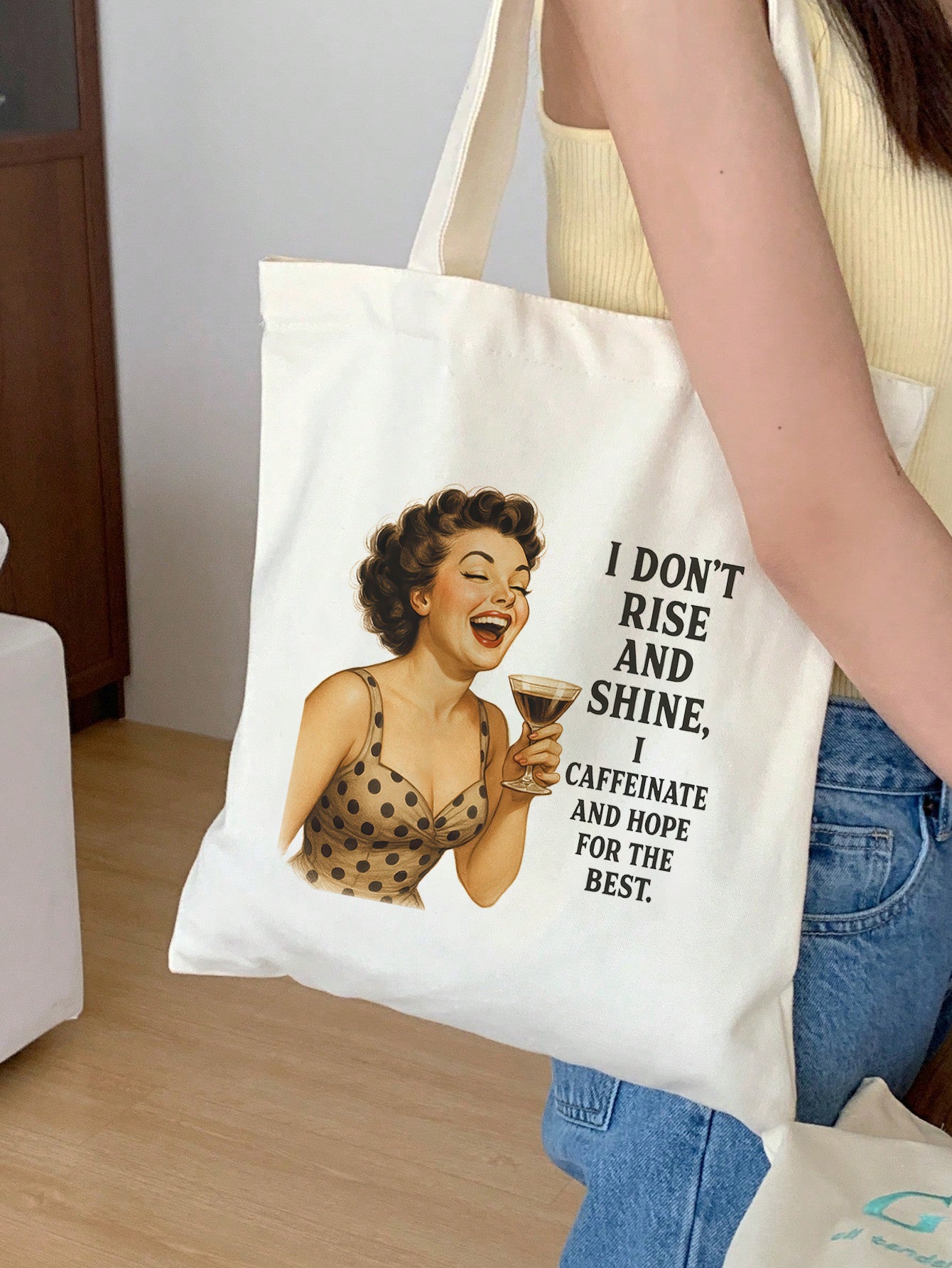 i dont rise and shine i caffeinate and hope for the best Baumwollbeutel Stofftasche 38x42 cm 11 Farben nachhaltig lustige Tragetasche Shopper Geschenkidee Retro Vintage Humor