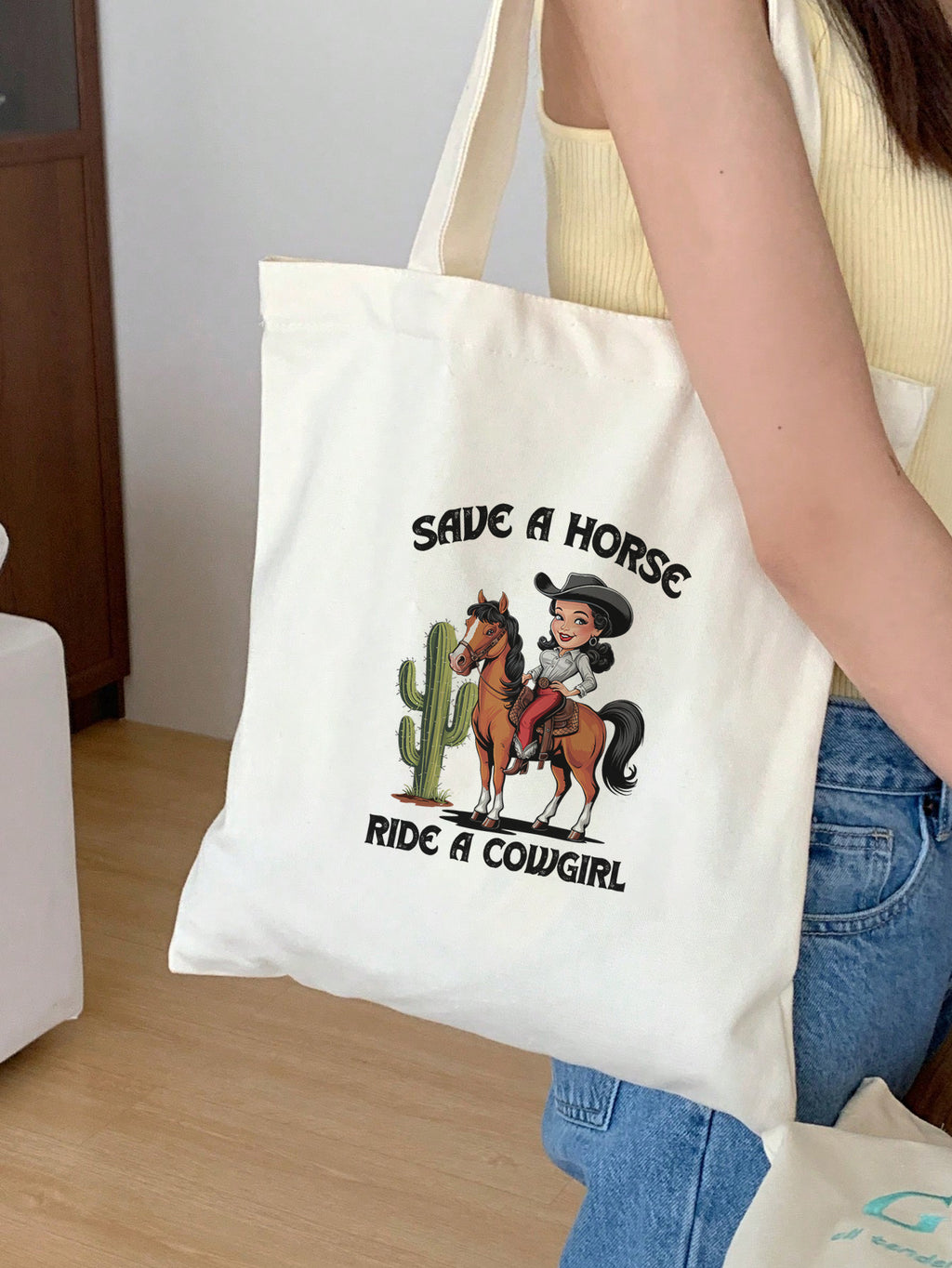 Save A Horse Ride A Cowgirl Baumwollbeutel 38x42 cm 70 cm Henkel Stofftasche Einkaufstasche Jutebeutel Umhängetasche nachhaltig fair produziert langlebig wiederverwendbar