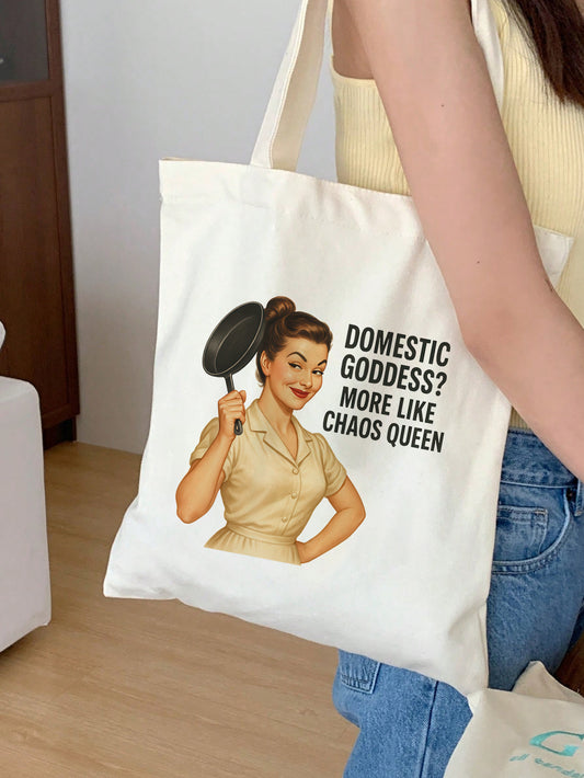 domestic goddess more like chaos queen Baumwollbeutel Stofftasche 38x42 cm 11 Farben nachhaltig lustige Tragetasche Shopper Geschenkidee Retro Vintage Humor