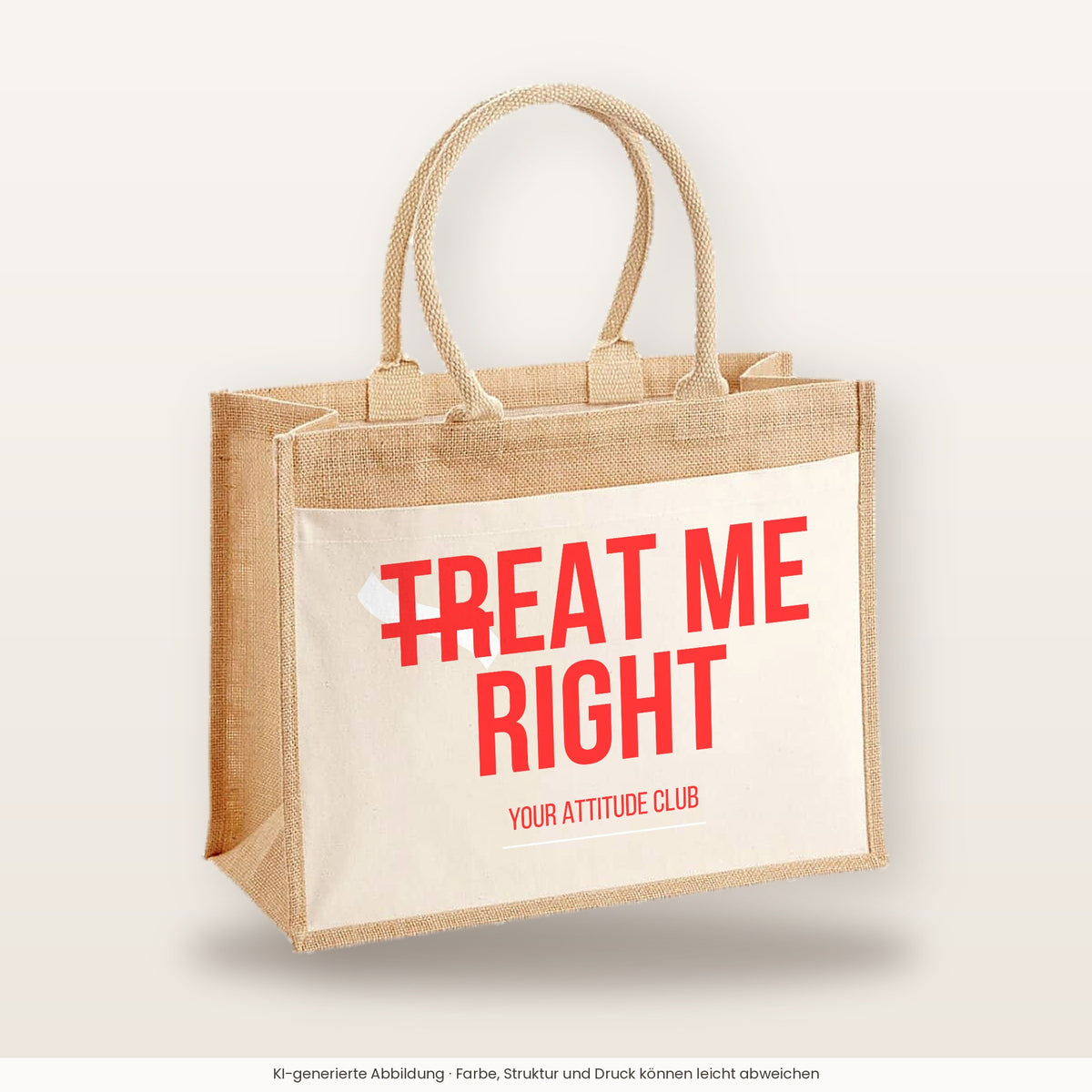 Treat me right – Jutetasche mit Spruch, große Jutetasche, Produktansicht