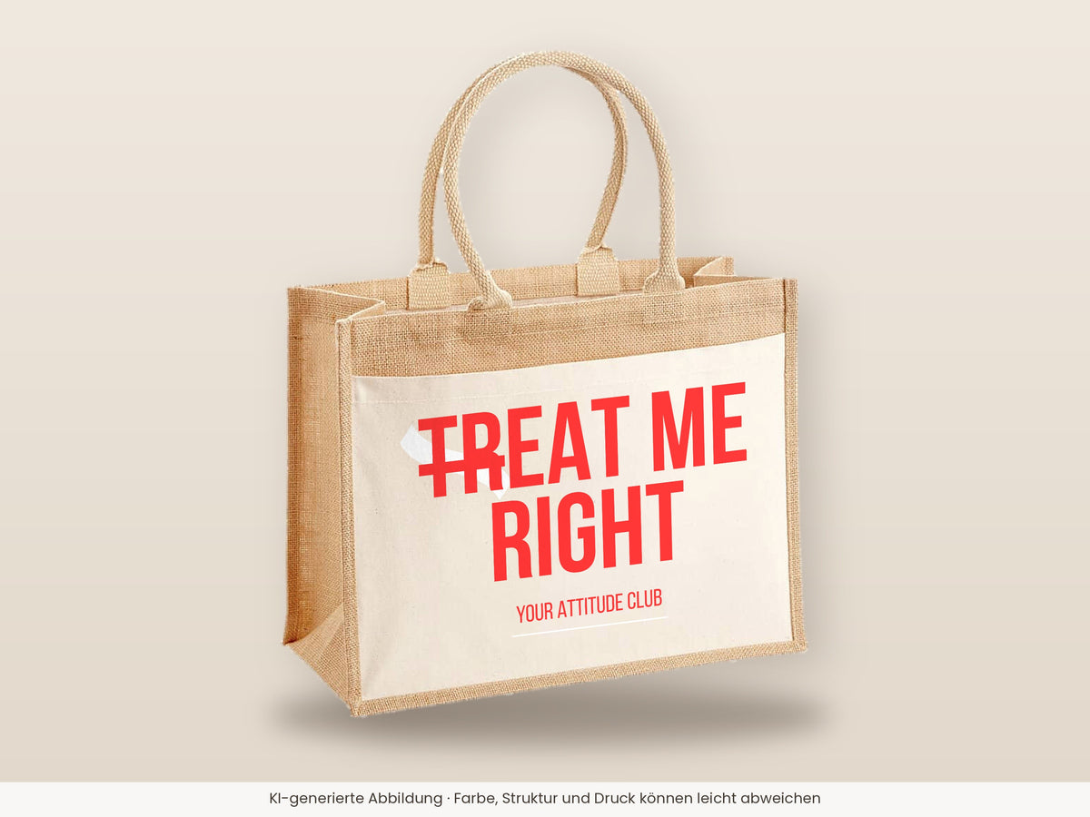Treat me right – Jutetasche mit Spruch, große Jutetasche, Detailansicht