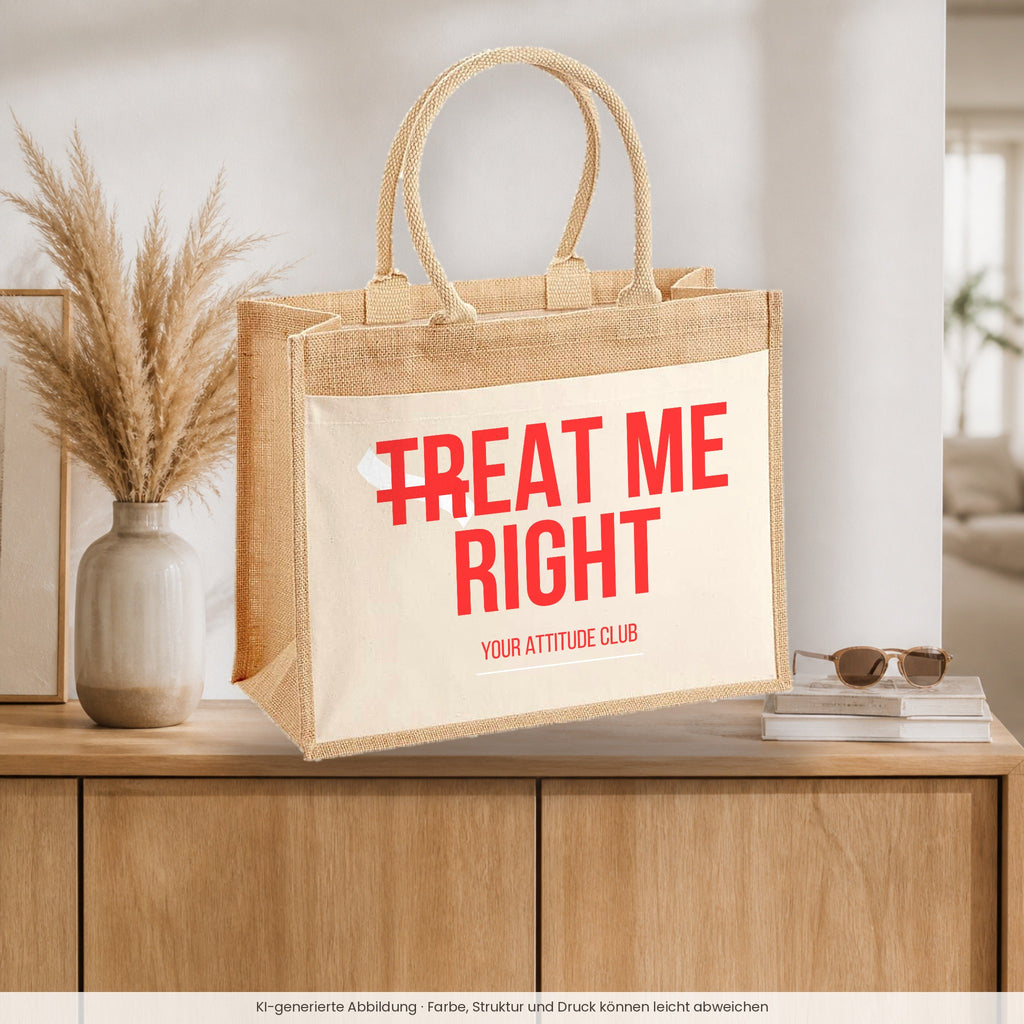 Treat me right – Jutetasche mit Spruch, auf dem Sideboard im Flur
