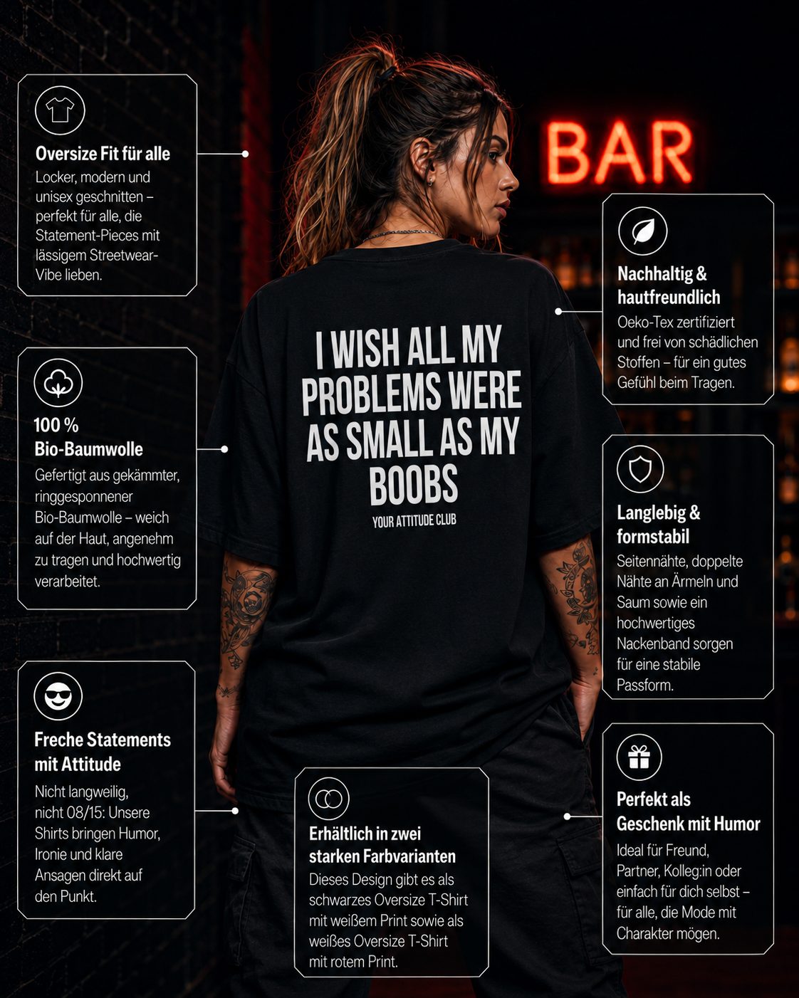 I WISH ALL MY PROBLEMS WERE AS SMALL AS MY BOOBS | Oversize Shirt Unisex mit Frontprint, Statement Shirt aus Bio-Baumwolle