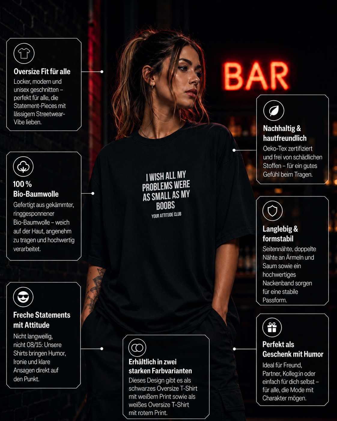 I WISH ALL MY PROBLEMS WERE AS SMALL AS MY BOOBS | Oversize Shirt Unisex mit Frontprint, Statement Shirt aus Bio-Baumwolle
