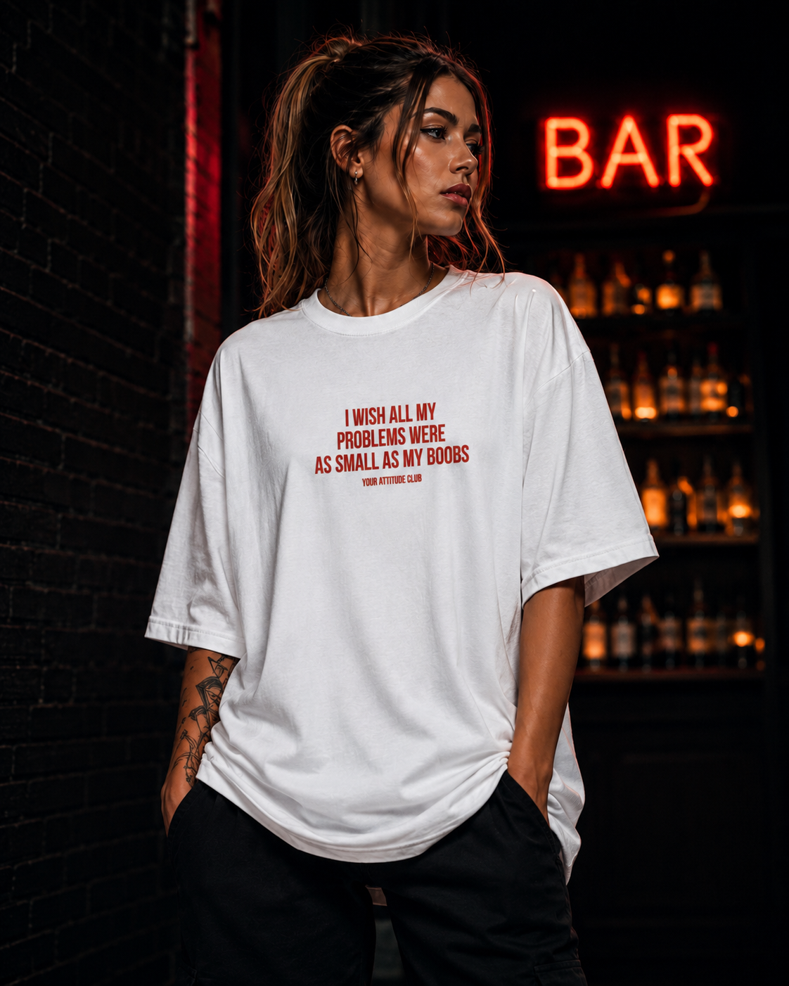 I WISH ALL MY PROBLEMS WERE AS SMALL AS MY BOOBS | Oversize Shirt Unisex mit Frontprint, Statement Shirt aus Bio-Baumwolle