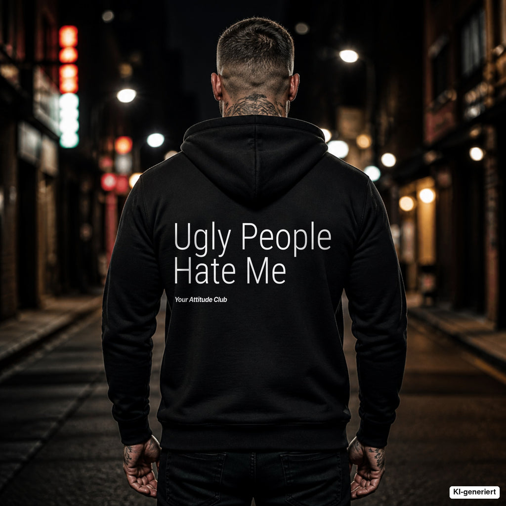 Ugly People Hate Me – schwarzer Hoodie mit weißem Backprint, Herren in der Stadt bei Nacht