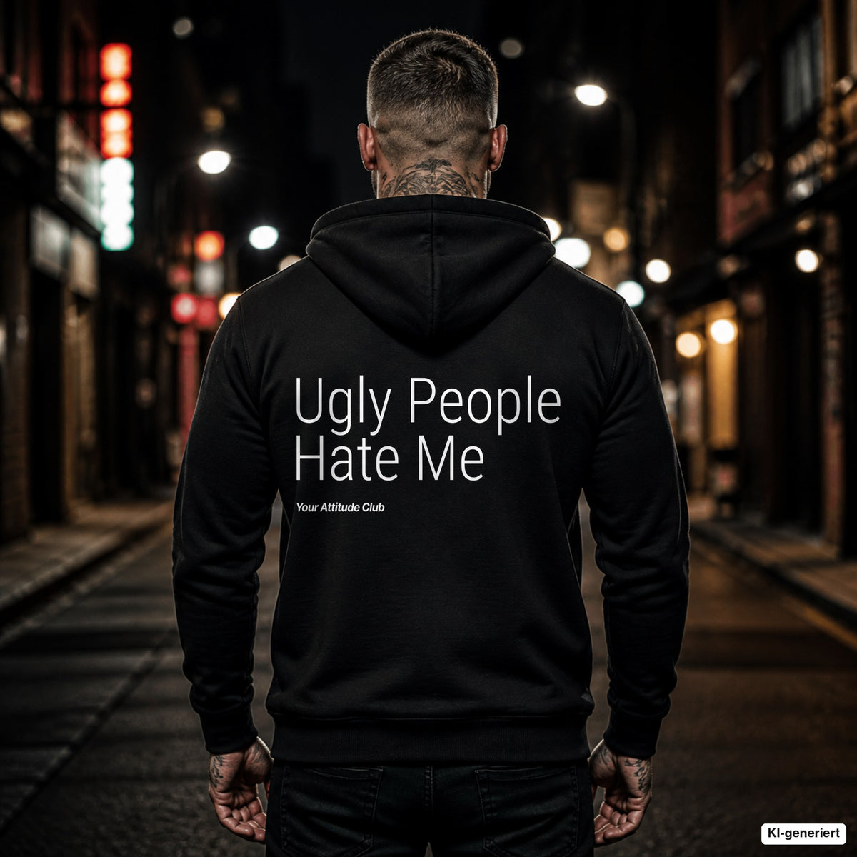 Ugly People Hate Me – schwarzer Hoodie mit weißem Backprint, Herren in der Stadt bei Nacht