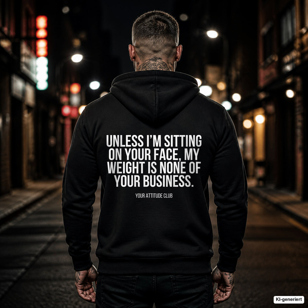 Unless I’m sitting on your face, my weight is none of your business – schwarzer Hoodie mit weißem Backprint, Herren in der Stadt bei Nacht