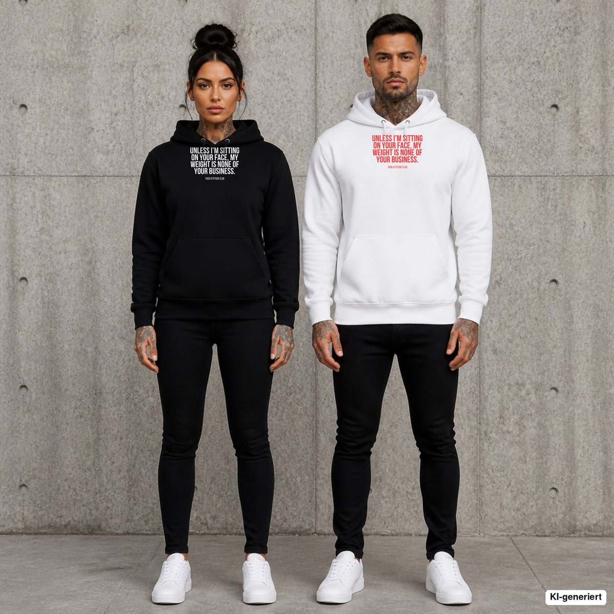 Unless I’m sitting on your face, my weight is none of your business – Hoodie mit Frontprint, Frau in Schwarz und Mann in Weiß vor Betonwand