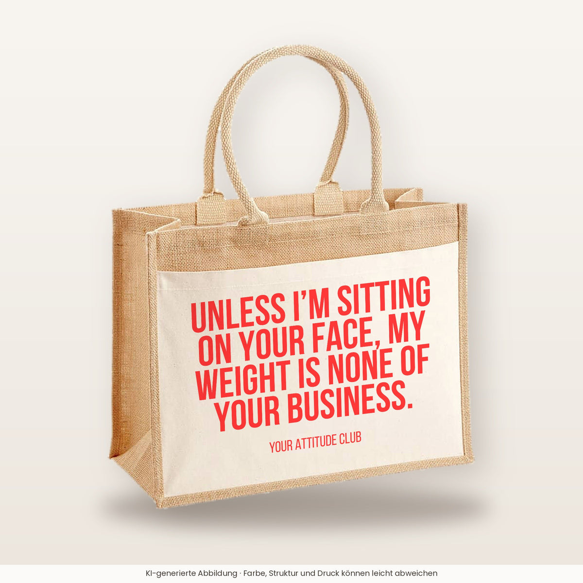 Unless I’m sitting on your face, my weight is none of your business. – Jutetasche mit Spruch, große Jutetasche, Produktansicht