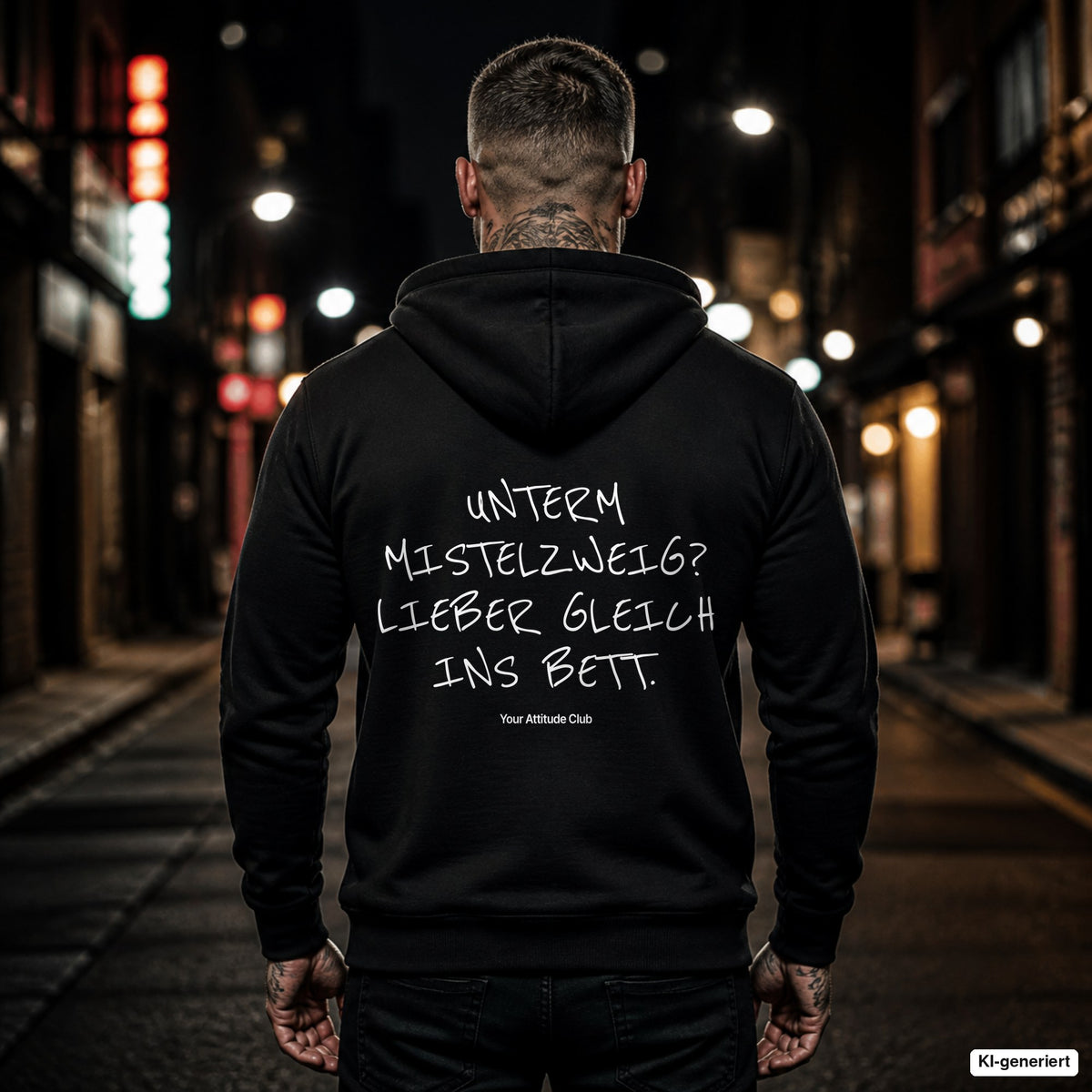 Unterm Mistelzweig? Lieber gleich ins Bett – schwarzer Hoodie mit weißem Backprint, Herren in der Stadt bei Nacht