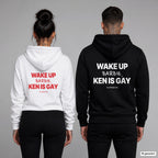 Wake Up Barbie, Ken Is Gay – Hoodie mit Backprint, Frau in Weiß mit rotem und Mann in Schwarz mit weißem Aufdruck
