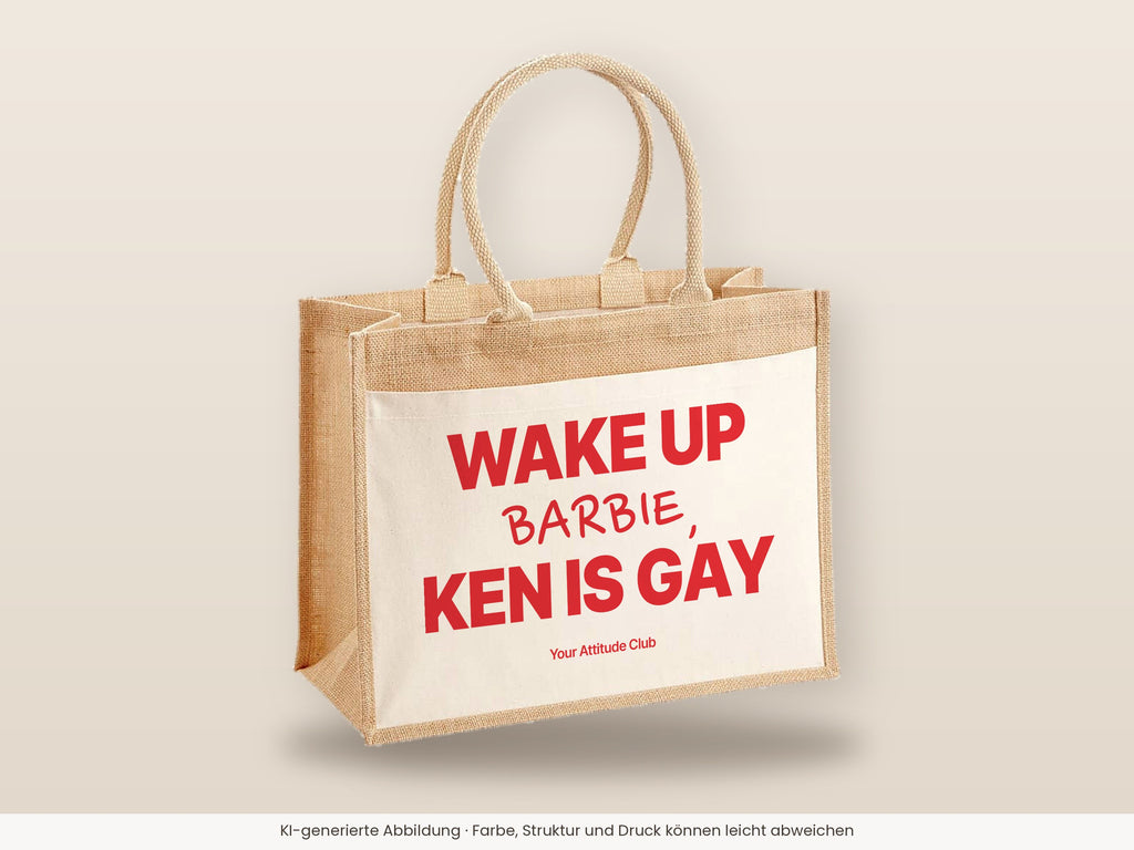 Wake Up Barbie, Ken Is Gay – Jutetasche mit Spruch, große Jutetasche, Detailansicht