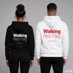 Walking Red Flag – Hoodie mit Backprint, Frau in Schwarz und Mann in Weiß
