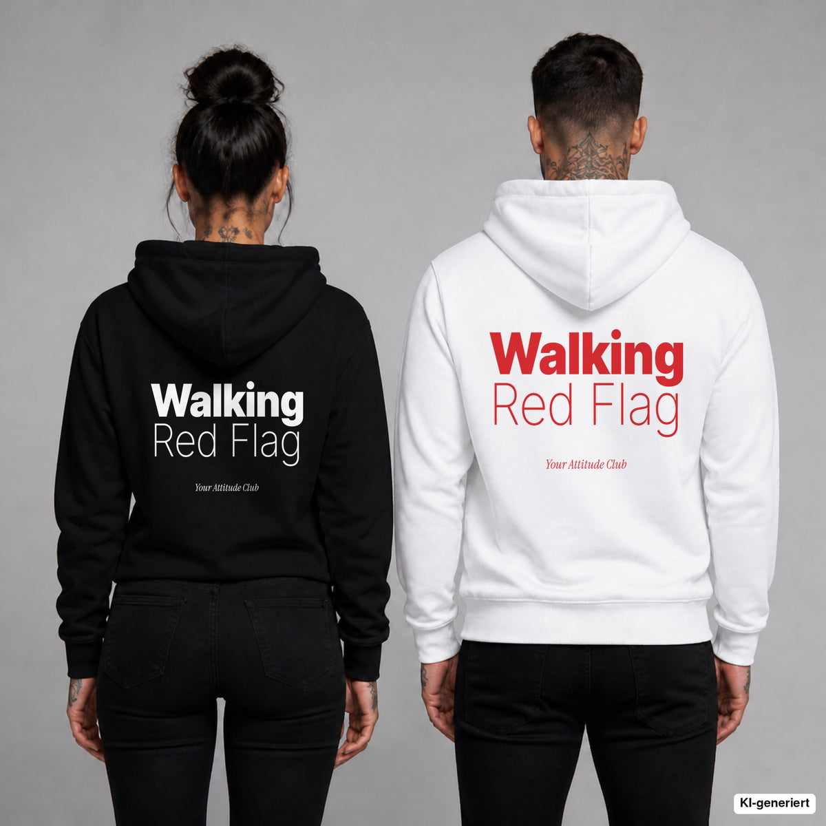 Walking Red Flag – Hoodie mit Backprint, Frau in Schwarz und Mann in Weiß