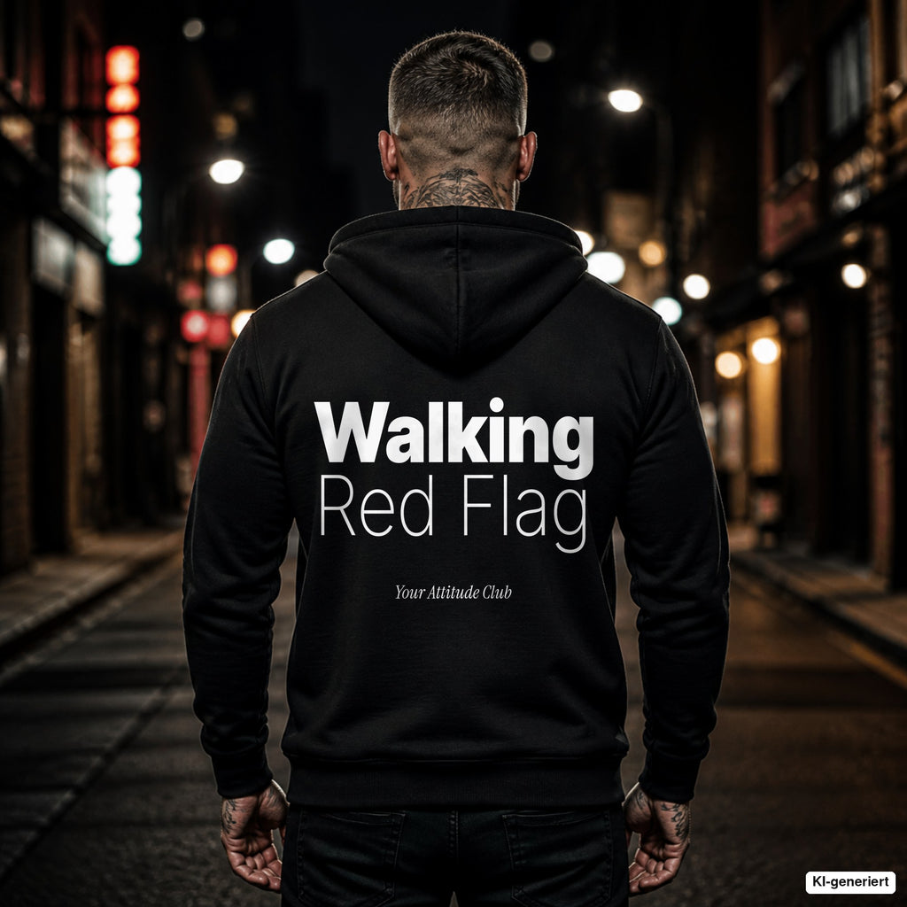 Walking Red Flag – schwarzer Hoodie mit weißem Backprint, Herren in der Stadt bei Nacht