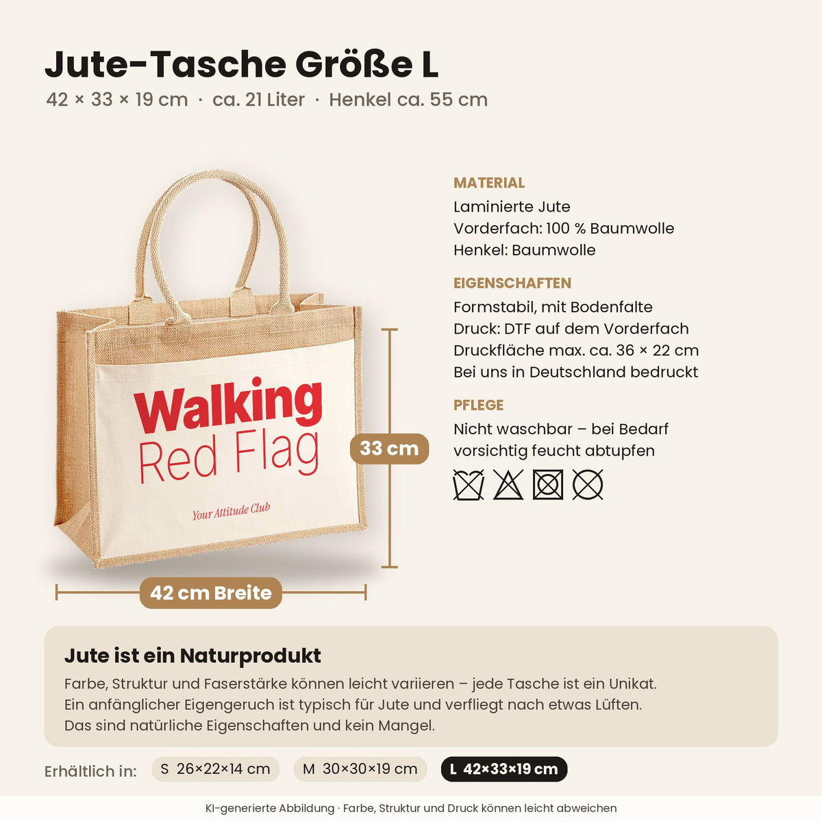 Walking Red Flag – Jutetasche mit Spruch, Maße, Material und Pflege