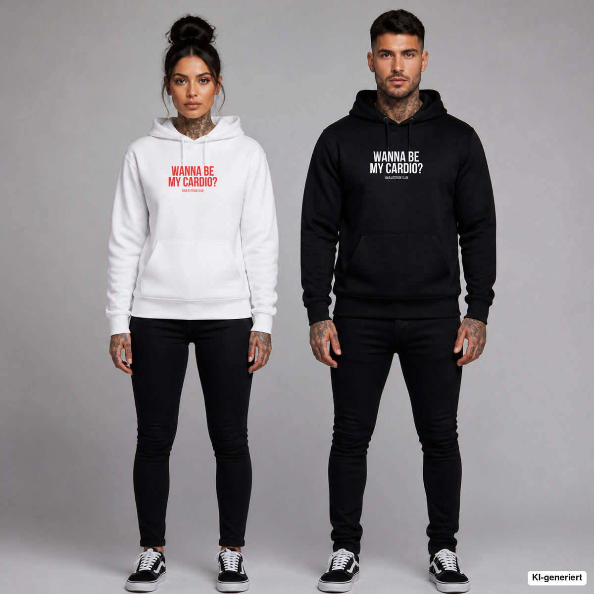 Wanna be my cardio (respectfully) – Hoodie mit Frontprint, Frau in Weiß mit rotem und Mann in Schwarz mit weißem Aufdruck