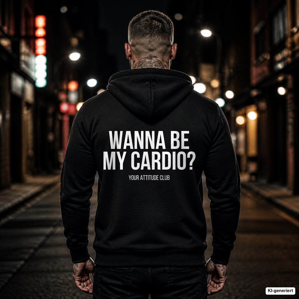 Wanna be my cardio (respectfully) – schwarzer Hoodie mit weißem Backprint, Herren in der Stadt bei Nacht