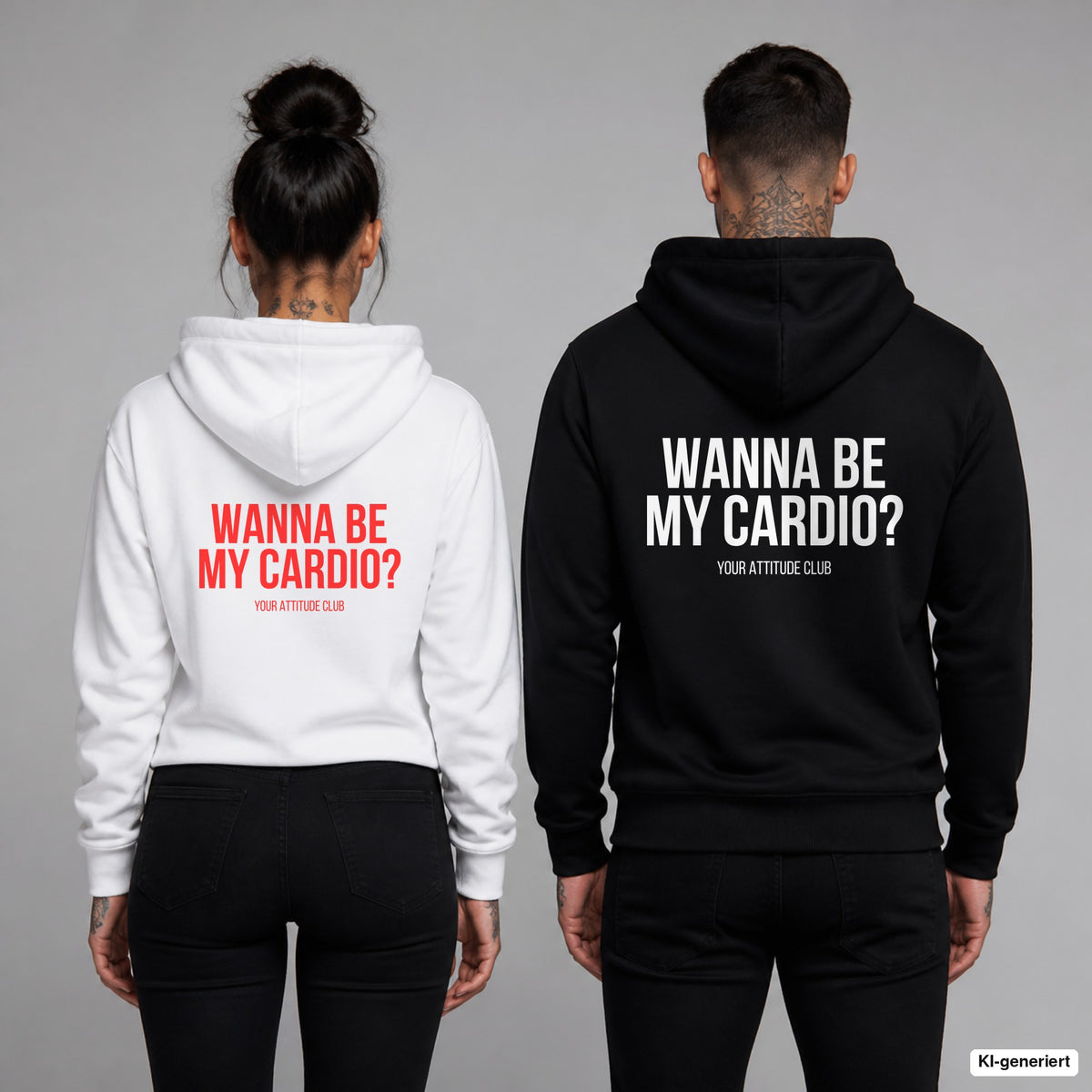 Wanna be my cardio (respectfully) – Hoodie mit Backprint, Frau in Weiß mit rotem und Mann in Schwarz mit weißem Aufdruck