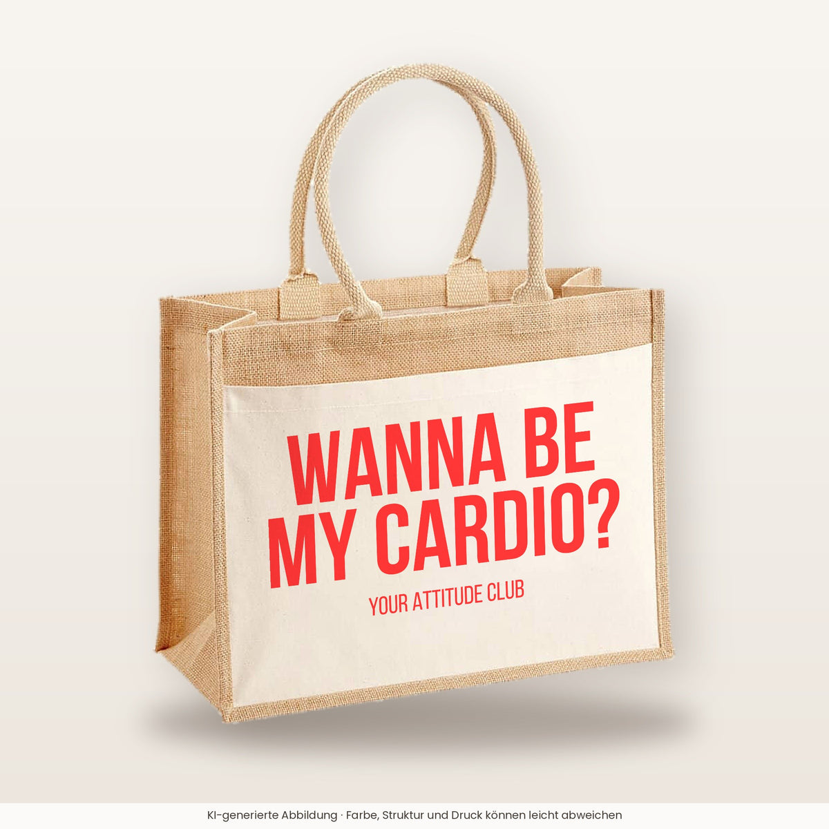 Wanna be my cardio? – Jutetasche mit Spruch, große Jutetasche, Produktansicht