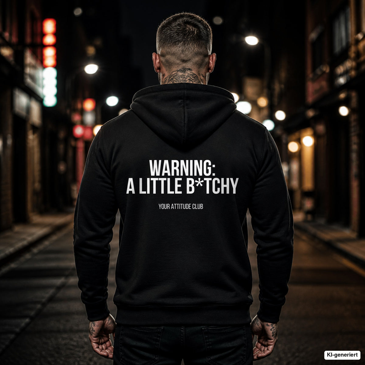WARNING: A LITTLE B*TCHY – schwarzer Hoodie mit weißem Backprint, Herren in der Stadt bei Nacht