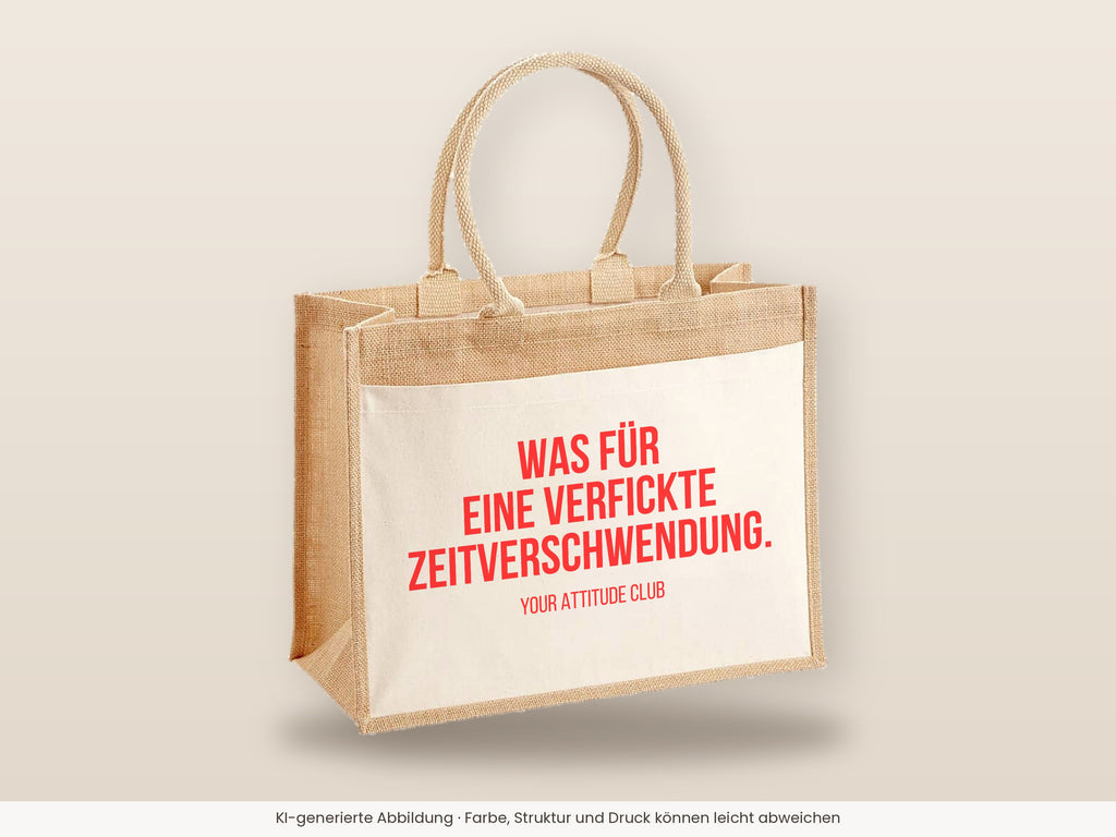 Was für eine verfickte Zeitverschwendung. – Jutetasche mit Spruch, große Jutetasche, Detailansicht