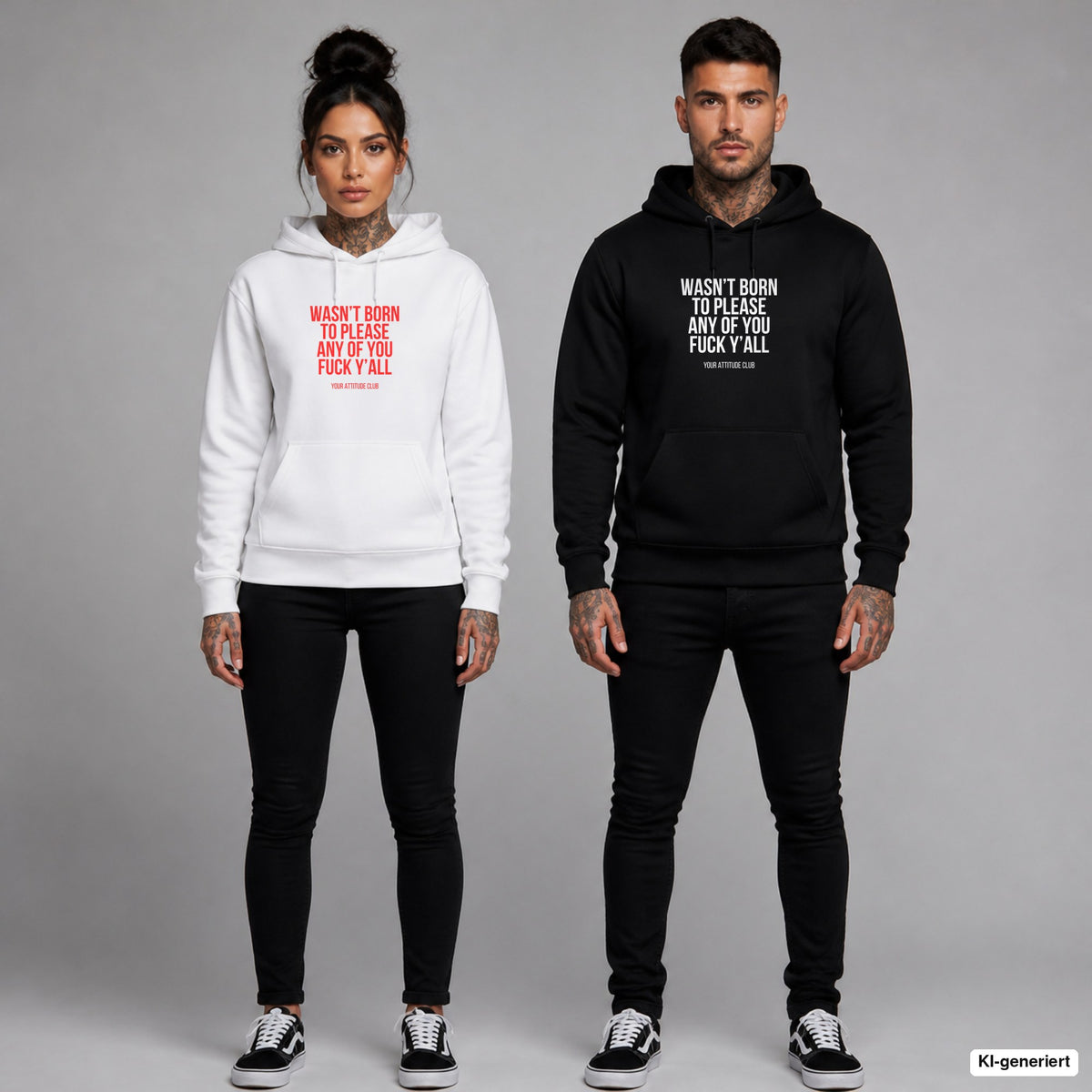 Wasn’t born to please any of you fuck y’all – Hoodie mit Frontprint, Frau in Weiß mit rotem und Mann in Schwarz mit weißem Aufdruck