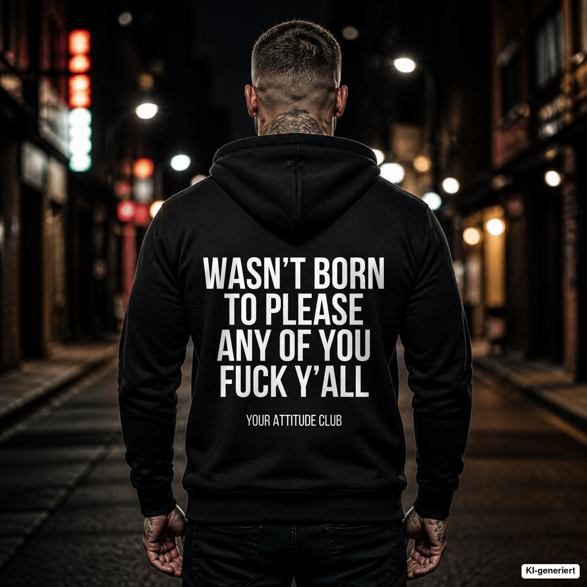 Wasn’t born to please any of you fuck y’all – schwarzer Hoodie mit weißem Backprint, Herren in der Stadt bei Nacht