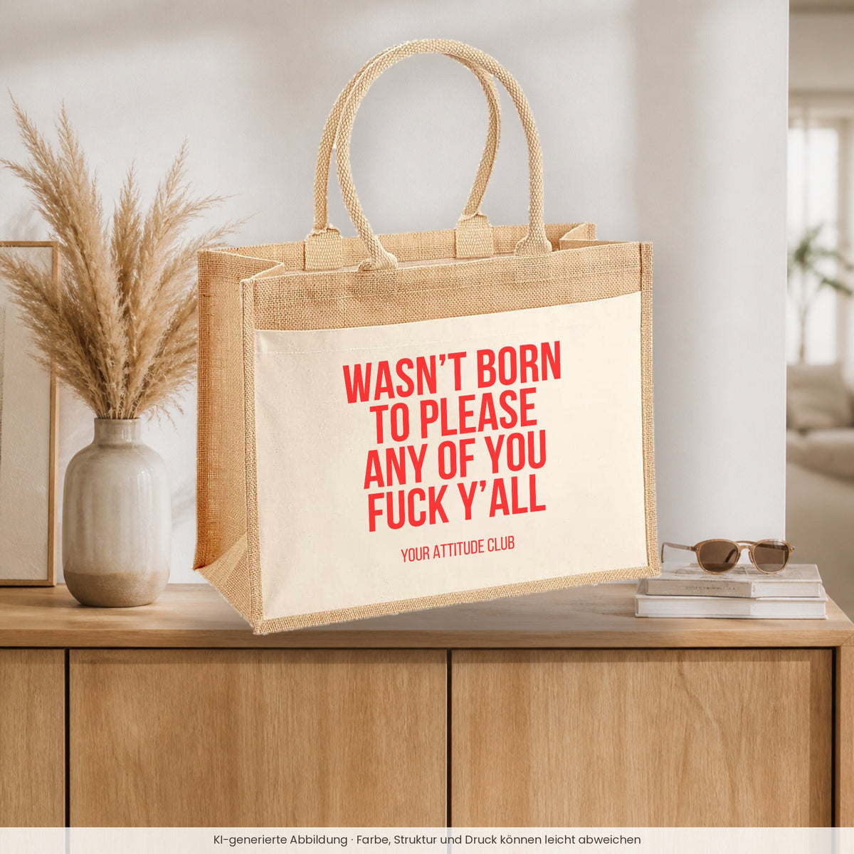 Wasn’t born to please any of you fuck y’all – Jutetasche mit Spruch, auf dem Sideboard im Flur