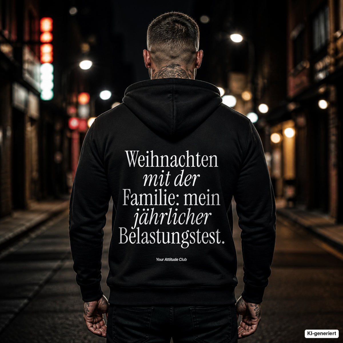 Weihnachten mit der Familie: mein jährlicher Belastungstest – schwarzer Hoodie mit weißem Backprint, Herren in der Stadt bei Nacht